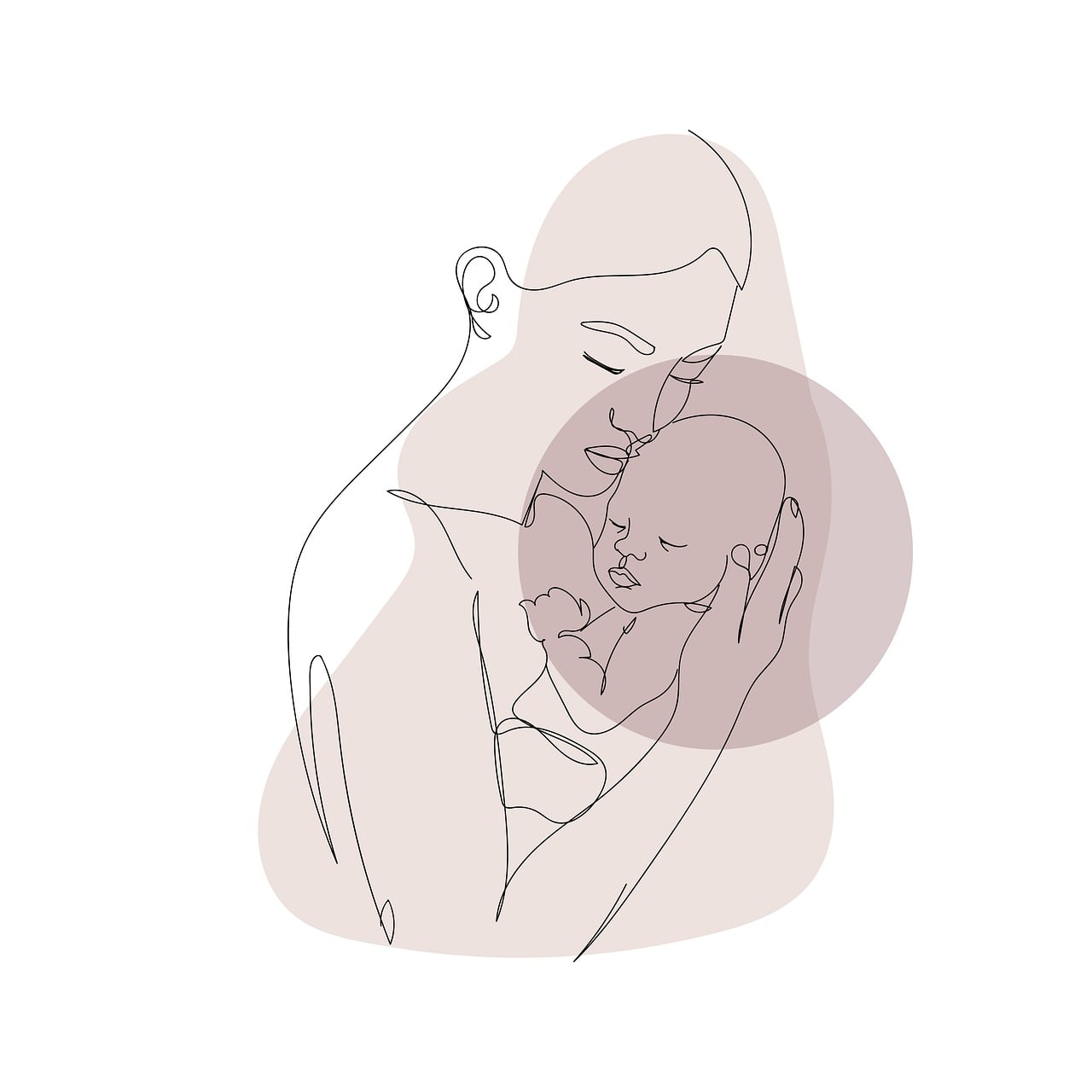 Desenho em linha contínua de uma mãe com um bebê no colo.