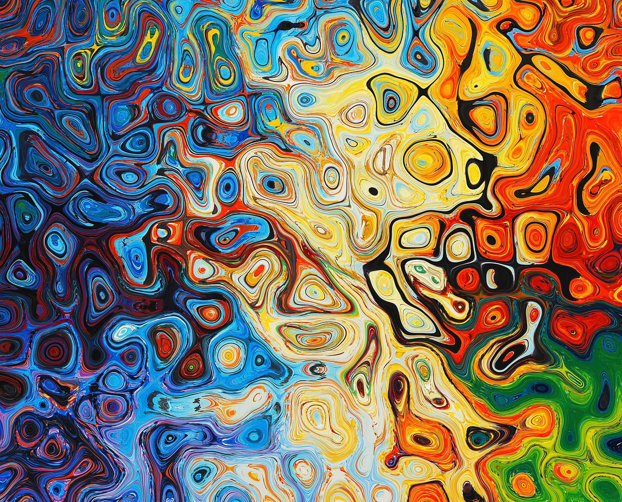 Pintura abstrata em redemoinhos de cor, do azul ao laranja.